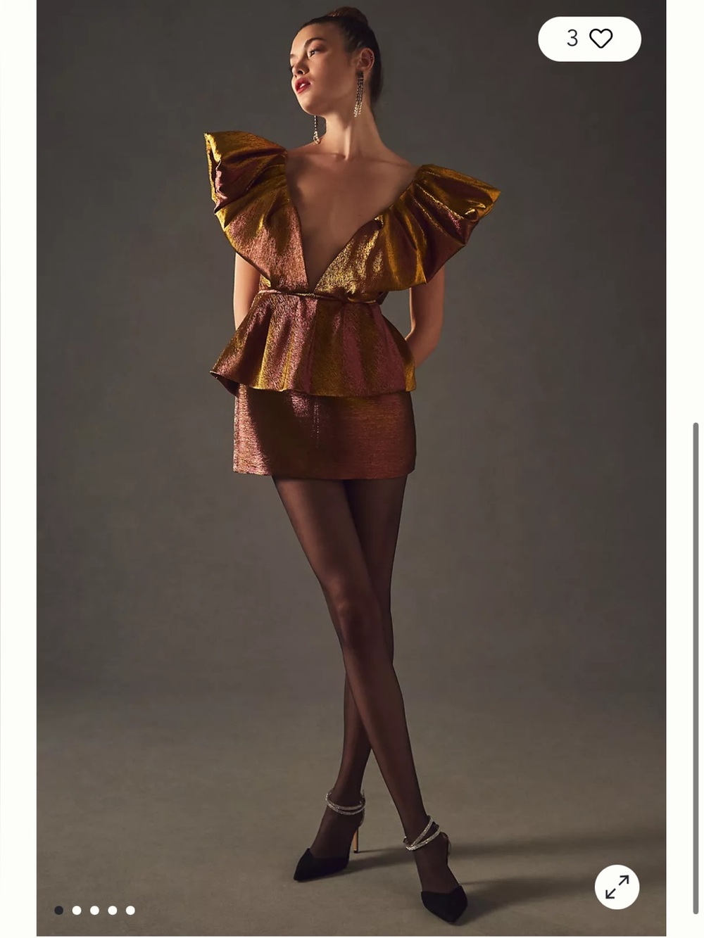 NWT Ronny Kobo Calin Metallic Iridescent Lamé Peplum Mini Dress Gold Size XS